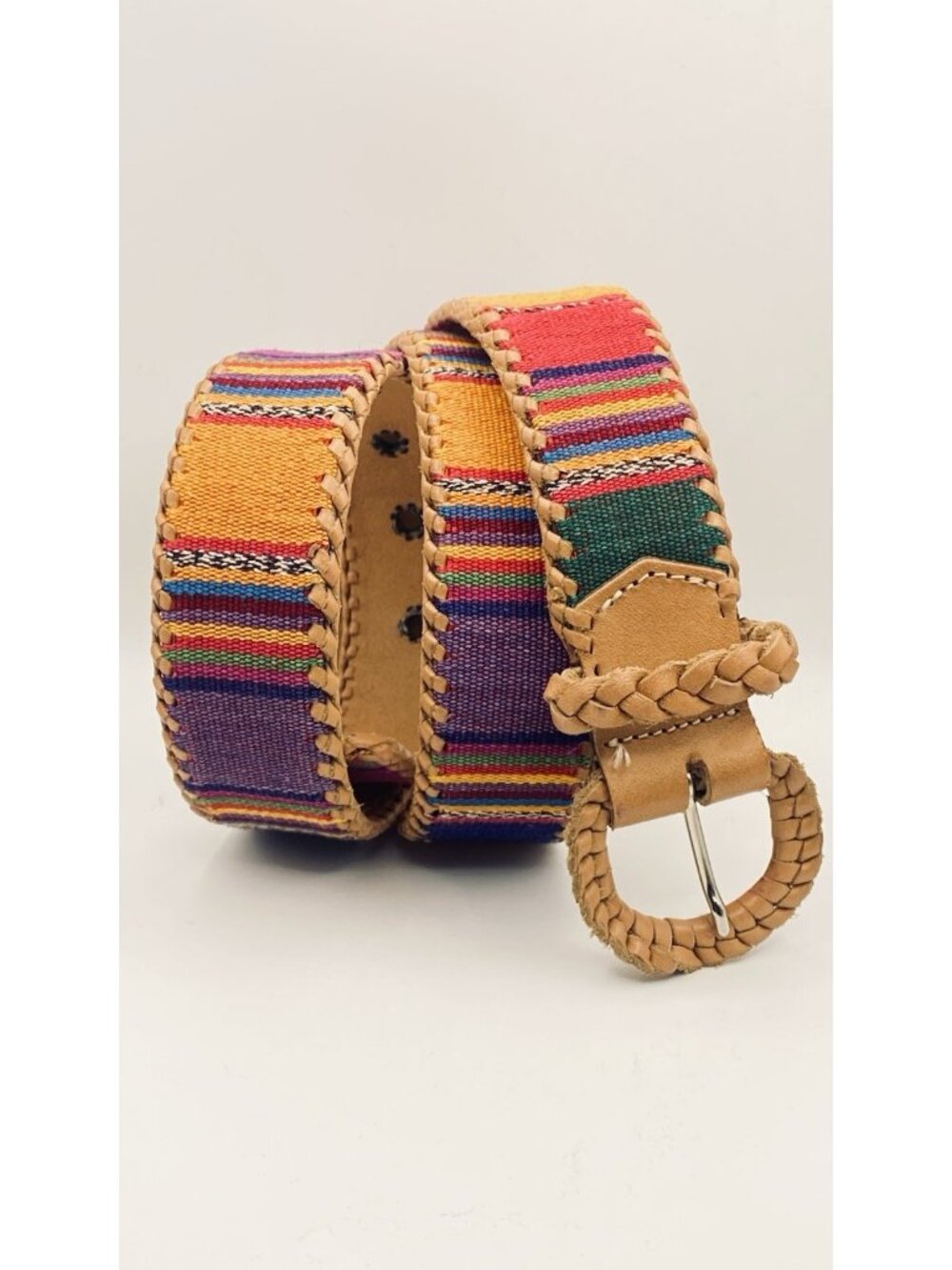 Handwoven Belt Leather Traditional Guatemala Multicolor Textile Womens L